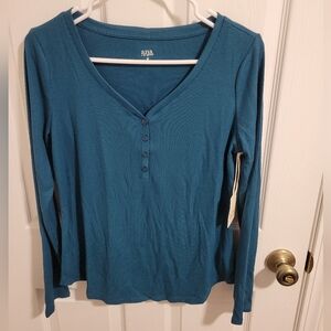 a.n.a Teal Long Sleeve Henley Top Medium